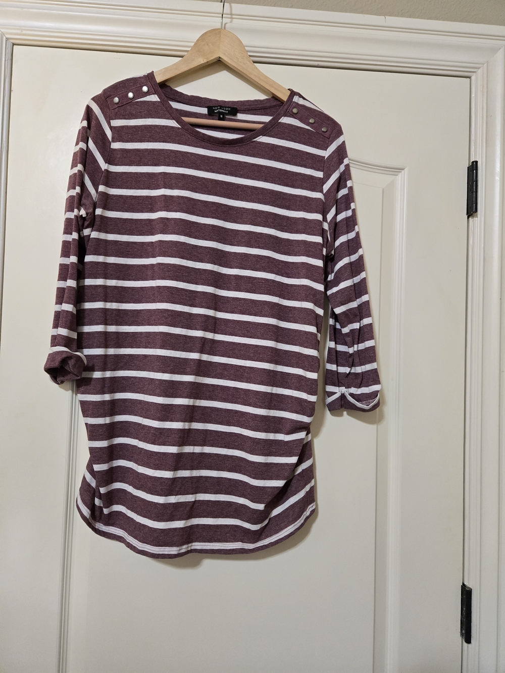 New Look Maroon and White Striped Button-Shoulder Long Sleeve Top